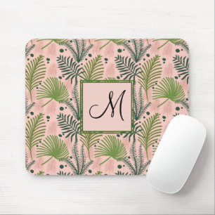 Botanical Greenery Leaves and Monogram Pink Mouse Mat
