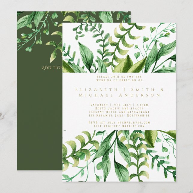 Botanical Greenery Leaves Modern Wedding Invites (Front/Back)