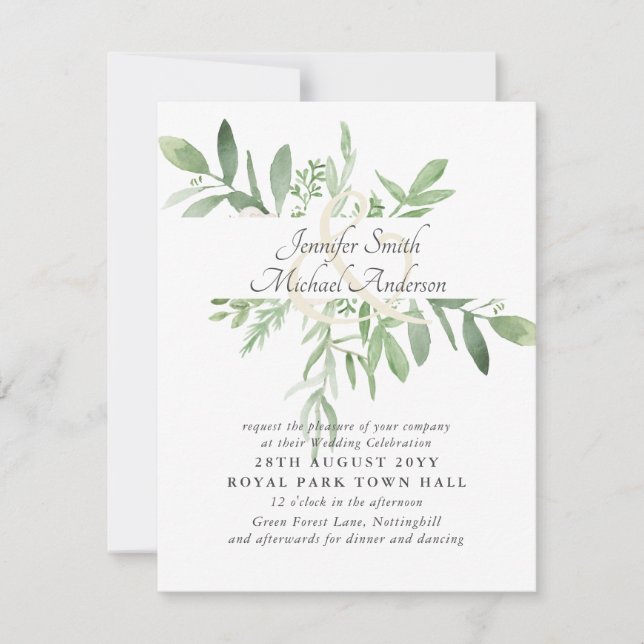 Botanical Greenery Leaves Modern Wedding Invites (Front)