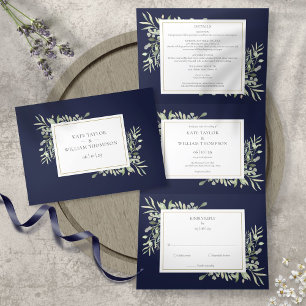 Botanical Greenery Leaves Navy Blue Photo Wedding Tri-Fold Invitation