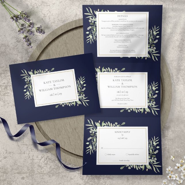 Botanical Greenery Leaves Navy Blue Photo Wedding Tri-Fold Invitation (Creator Uploaded)