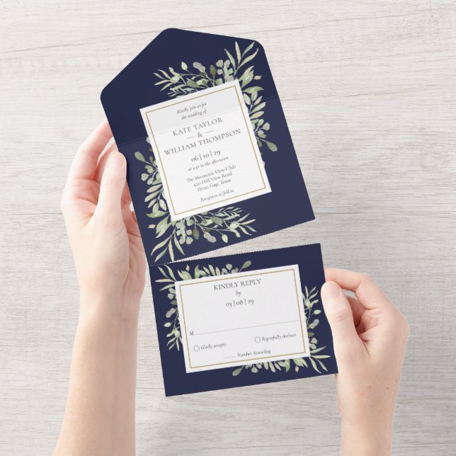 Botanical Greenery Leaves Navy Blue Wedding All In One Invitation (Tearaway)