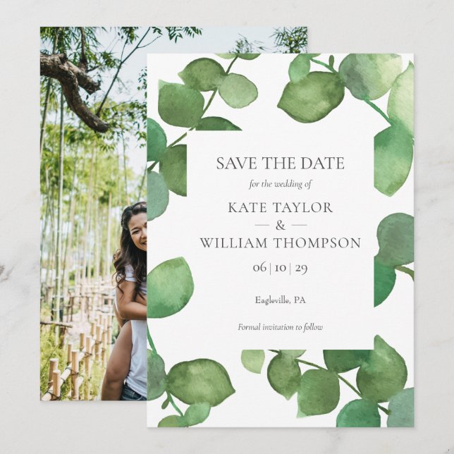 Botanical Greenery Leaves Photo Save the Date (Front/Back)