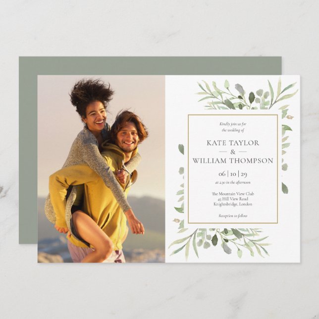 Botanical Greenery Leaves Photo Wedding Invitation (Front/Back)