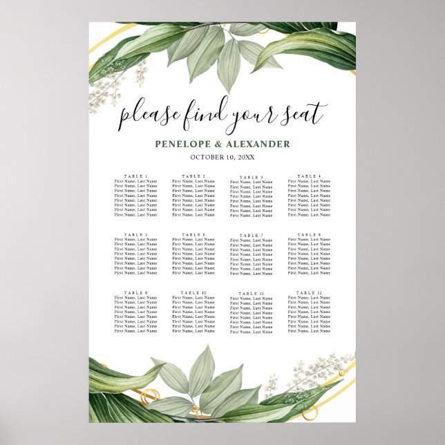 Botanical Greenery Leaves Table Plan Seating Chart (Front)