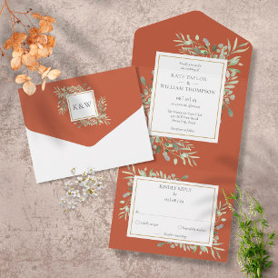 Botanical Greenery Leaves Terracotta Wedding All In One Invitation