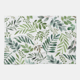 Botanical Greenery Leaves Watercolor   Tea Towel