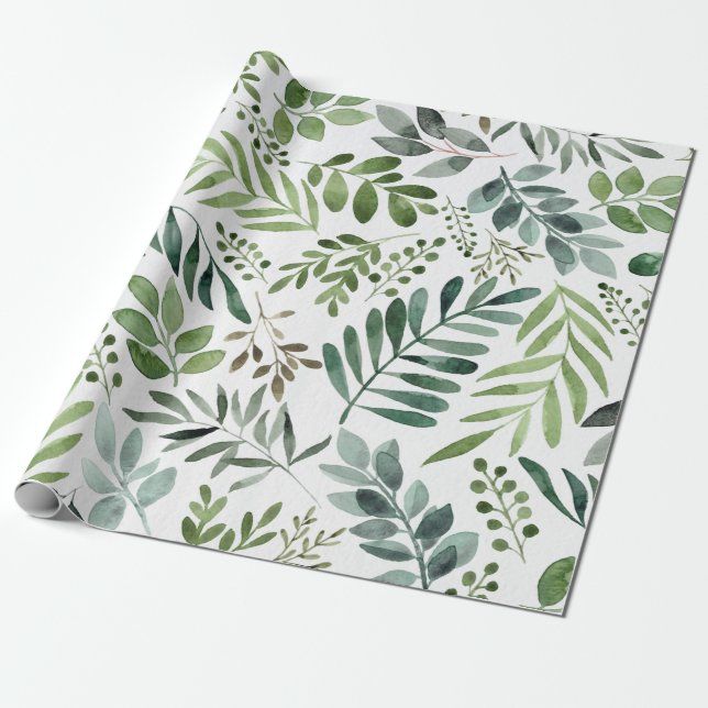 Botanical Greenery Leaves Watercolor  Wrapping Paper (Unrolled)