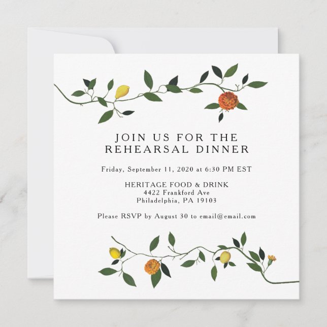Botanical Greenery, Lemons Rehearsal Dinner Invite (Front)