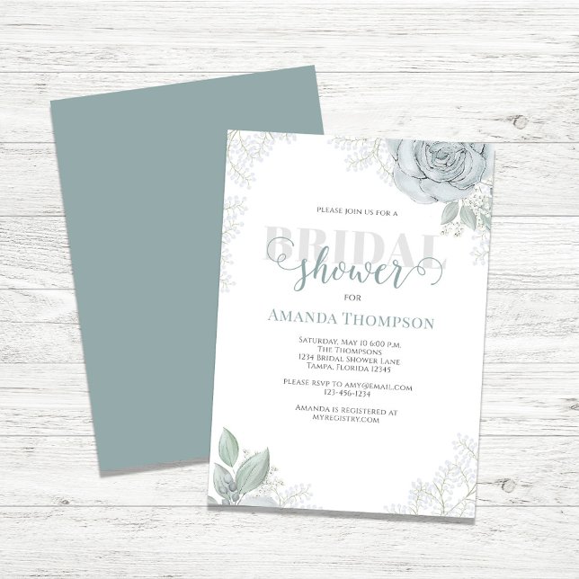 Botanical Greenery Light Blue Floral Rose Flower Invitation (Bridal shower invitation with watercolor blue floral)
