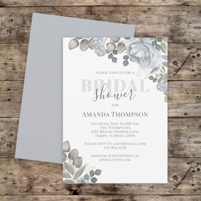 Botanical Greenery Light Blue Floral Rose Flower Invitation (Creator Uploaded)