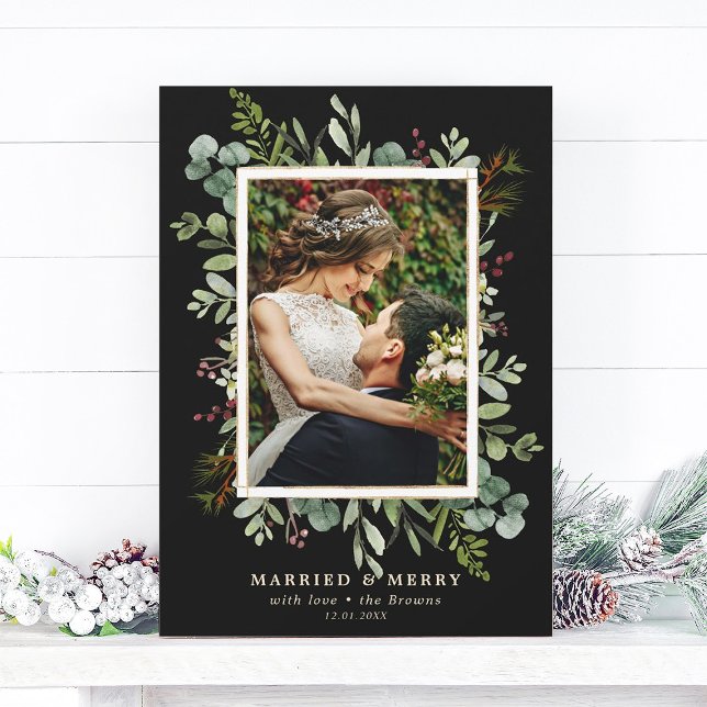 Botanical Greenery Married and Merry Photo Holiday Card (Creator Uploaded)