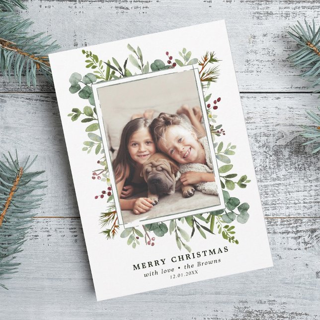 Botanical Greenery Merry Christmas Photo  Holiday Card (Creator Uploaded)