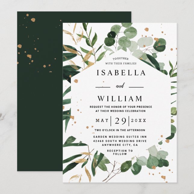  Botanical Greenery Modern Gold Eucalyptus Wedding Invitation (Front/Back)