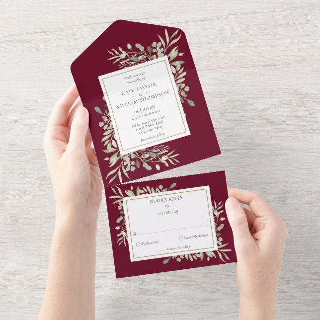 Botanical Greenery Monogram Burgundy Wedding All In One Invitation (Tearaway)
