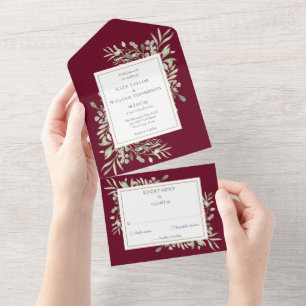Botanical Greenery Monogram Burgundy Wedding All In One Invitation
