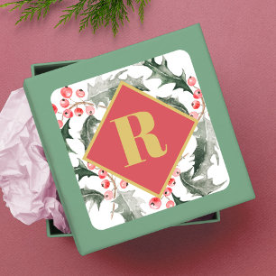 Botanical Greenery Monogram Christmas Square Sticker