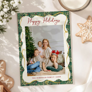 Botanical Greenery Pattern Happy Holidays 1 Photo Holiday Card