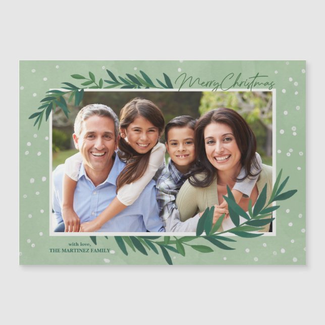 Botanical Greenery Photo Christmas Magnetic Card (Front)