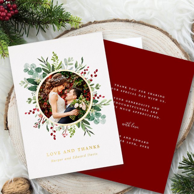 Botanical Greenery Photo Thank You Gold Foil Card (Front & Back)