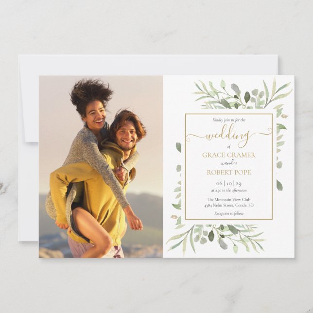 Botanical Greenery Photos Gold Script Wedding Invitation (Front)