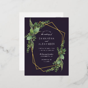 Botanical Greenery Purple & Gold Geometric Wedding Foil Invitation Postcard