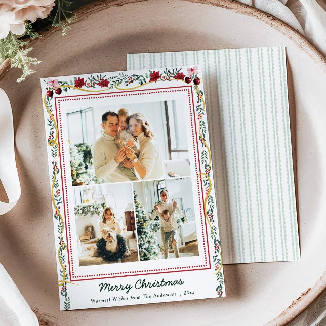 Botanical Greenery Ribbon Merry Christmas 3 Photo Holiday Card (Creator Uploaded)