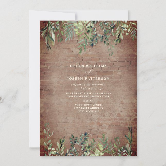 Botanical Greenery Rustic Brick Wedding Invitation (Front)