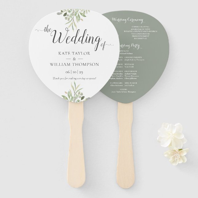 Botanical Greenery Script Wedding Program Hand Fan (Front and Back)