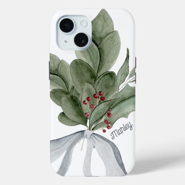 Botanical Greenery Silver Ribbon Personalised Case-Mate iPhone Case (Back)