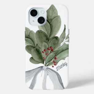 Botanical Greenery Silver Ribbon Personalized iPhone 15 Case