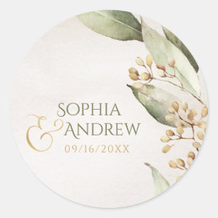 Botanical greenery vintage rustic wedding monogram classic round sticker