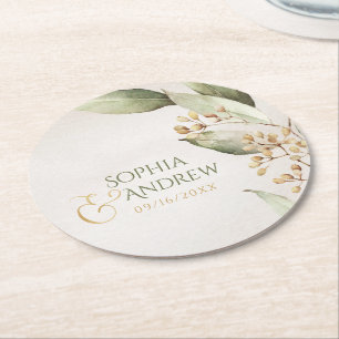 Botanical greenery vintage rustic wedding monogram round paper coaster