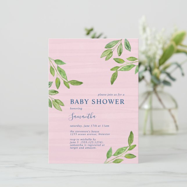 Botanical Greenery Watercolor Baby Shower for Girl Invitation (Standing Front)