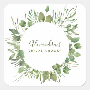 Botanical Greenery Watercolor Bridal Shower Square Sticker