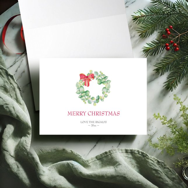 Botanical Greenery Watercolor Christmas Holiday Card (Folded Christmas card blank inside simple watercolor wreath in shades of red and green VG Invites)