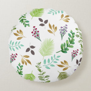 Botanical Greenery Watercolor Cottage Round Pillow