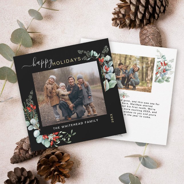 Botanical Greenery Watercolor Elegant Black Holiday Card (You will love these beautiful Christmas cards! They feature botanical watercolor pine and berries.)