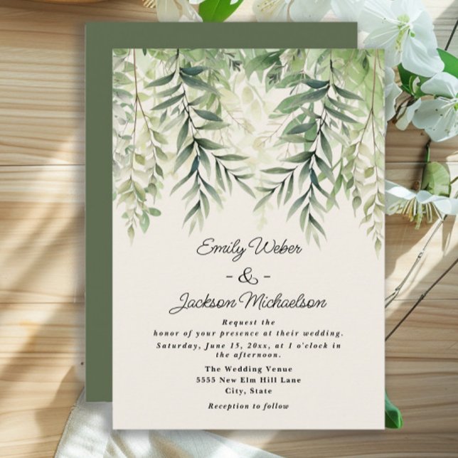 Botanical Greenery Watercolor Leaves Wedding Invitation (Green leaves wedding invitation)