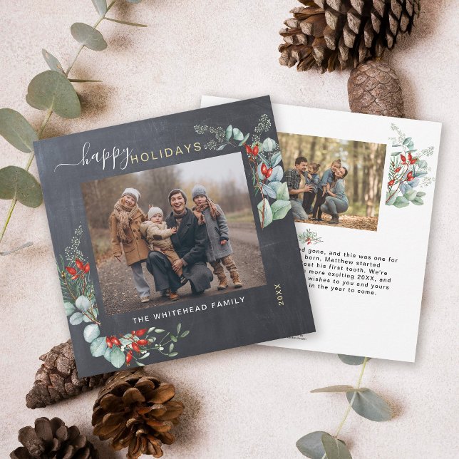 Botanical Greenery Watercolor Rustic Chalkboard Holiday Card (You will love these beautiful Christmas cards! They feature botanical watercolor pine and berries.)
