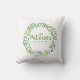 Botanical Greenery Watercolor Wreath Monogram Cushion