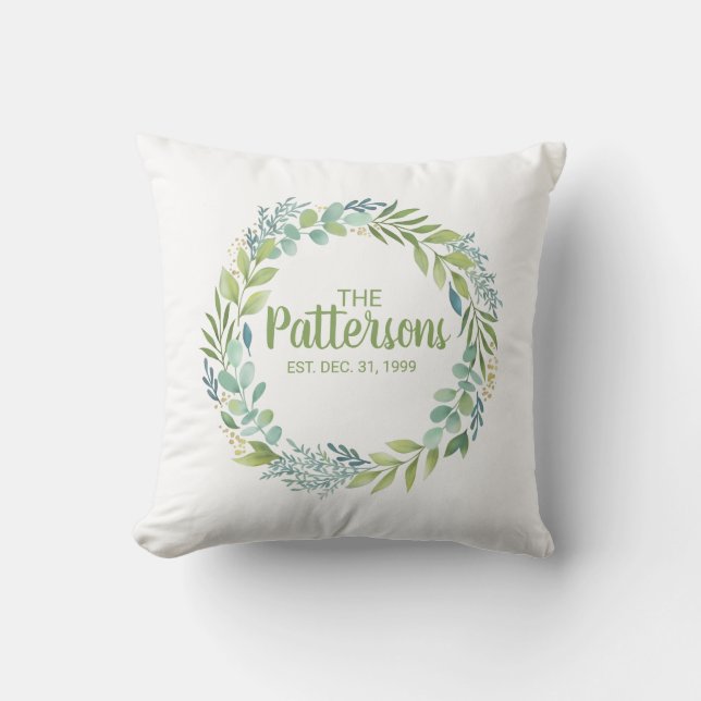 Botanical Greenery Watercolor Wreath Monogram Cushion (Front)