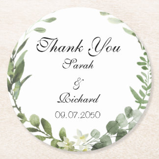 Botanical Greenery Wedding Classic Round Sticker Round Paper Coaster