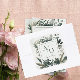 Botanical Greenery Wedding Monogram Square Sticker