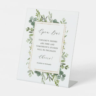 Botanical Greenery Wedding Open Bar  Pedestal Sign