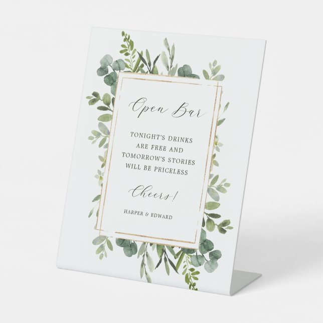 Botanical Greenery Wedding Open Bar  Pedestal Sign (Front)