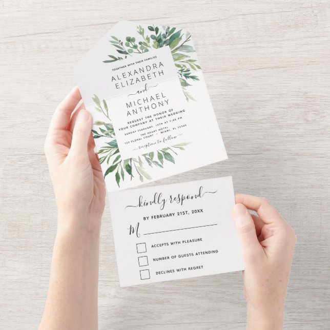 Botanical Greenery Wedding Spring Summer All In One Invitation (Tearaway)