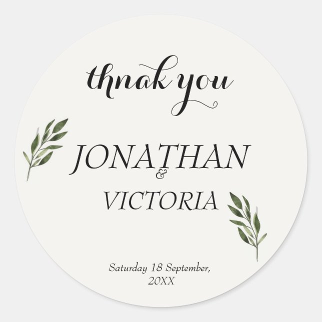 Botanical Greenery Wedding Thank You Round Sticker (Front)