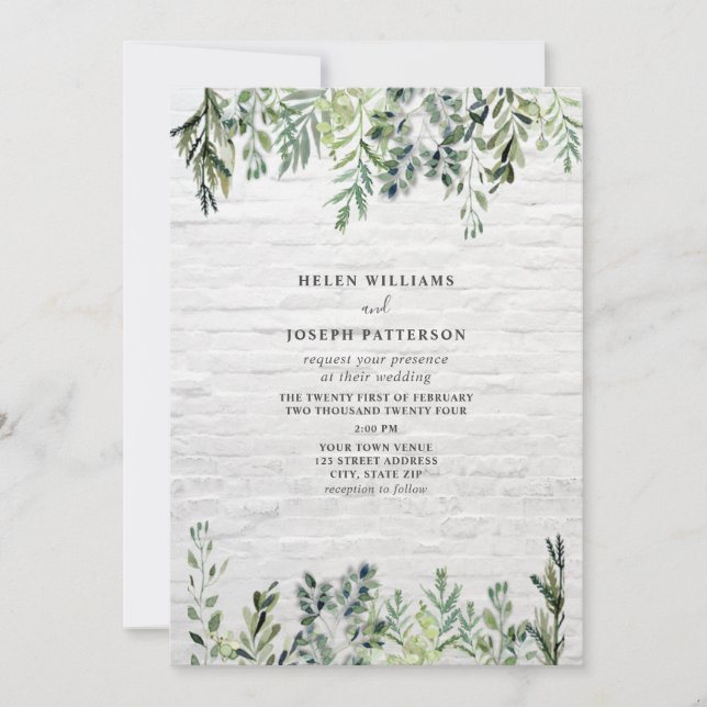 Botanical Greenery White Brick Wedding  Invitation (Front)