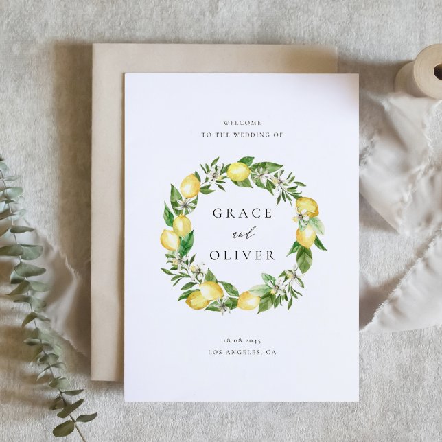 Botanical Greenery with Lemons Wedding Theme Programme (Customizable Folded Wedding Program with Watercolor Lemons, Blossoms & Greenery Wreath)